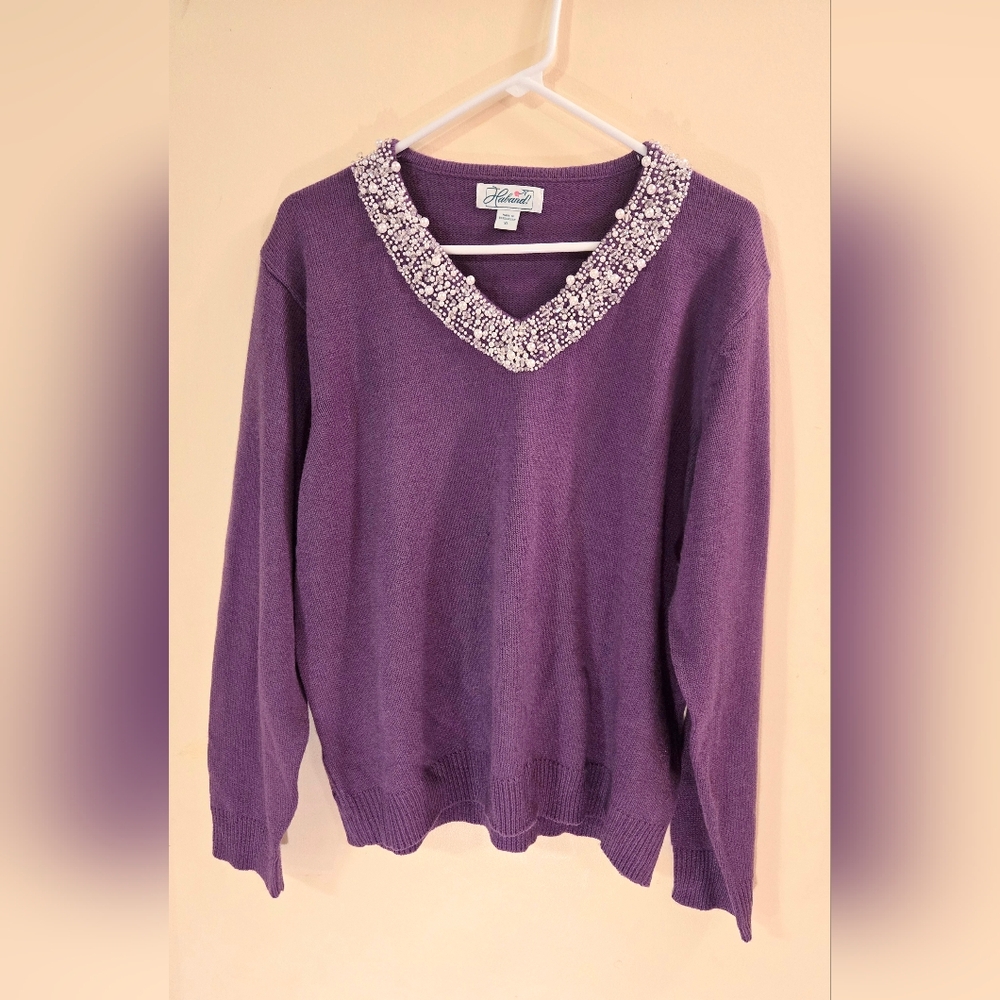 Haband! Vintage Purple Knit Sweater with Beading + Pearls Neckline - Size XL